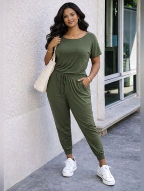Army Green Casual Lounge Jumpsuit Women Elastic Waist Comfy Fit